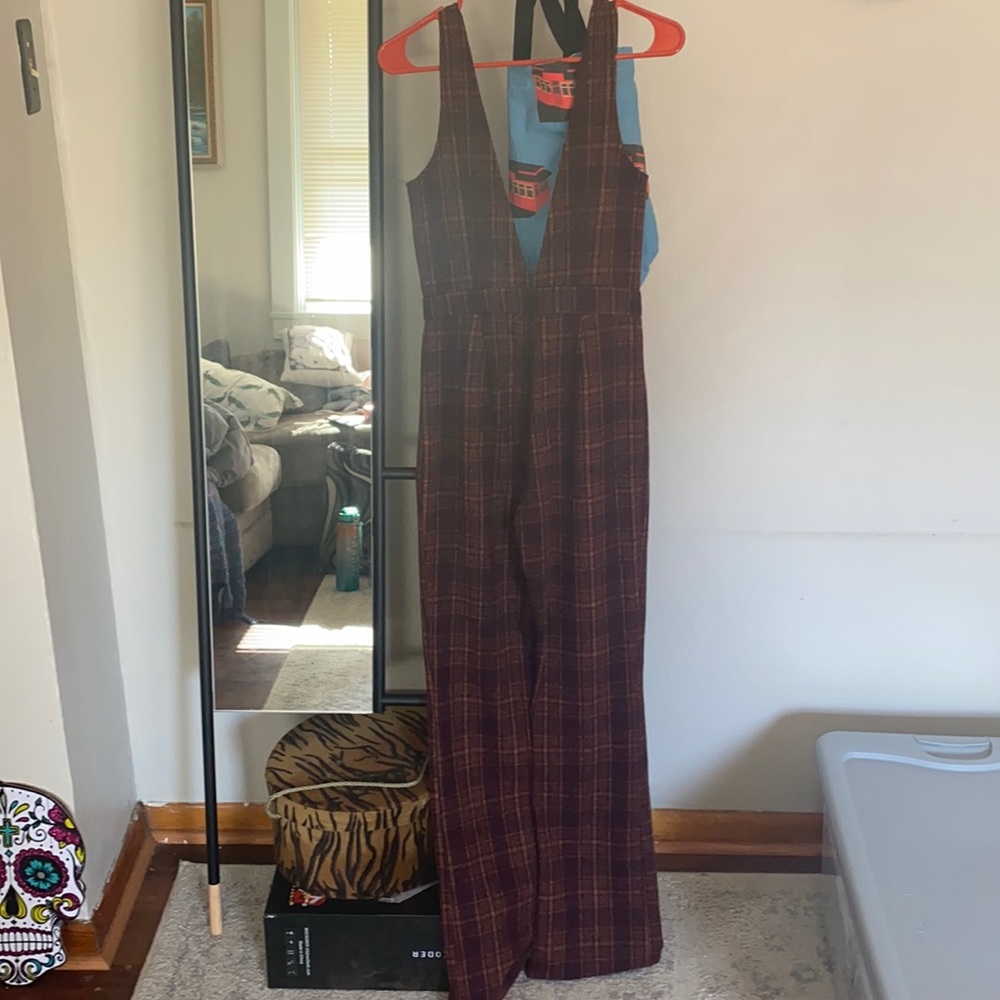 Plaid wool jumpsuit with zipper